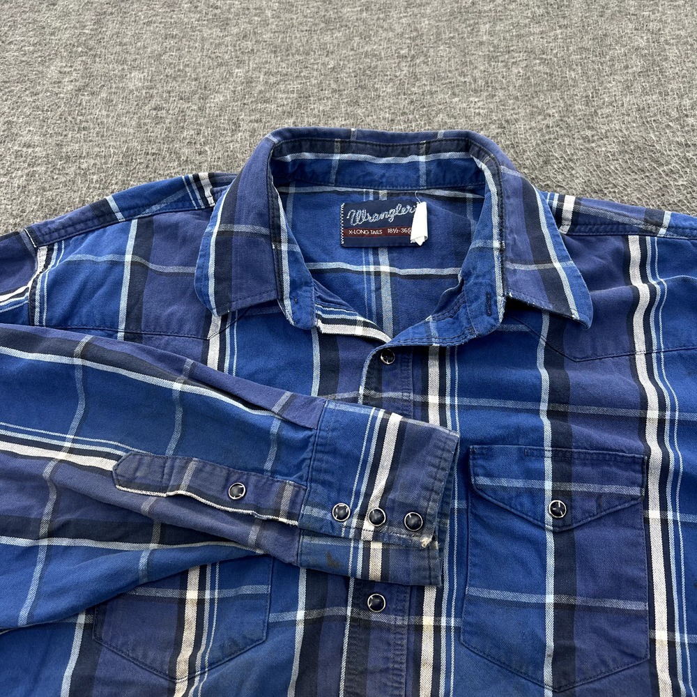 Vintage Wrangler‎ X Long Tails Button Up Shirt Mens 2XL Pearl Snap Plaid LS Blue